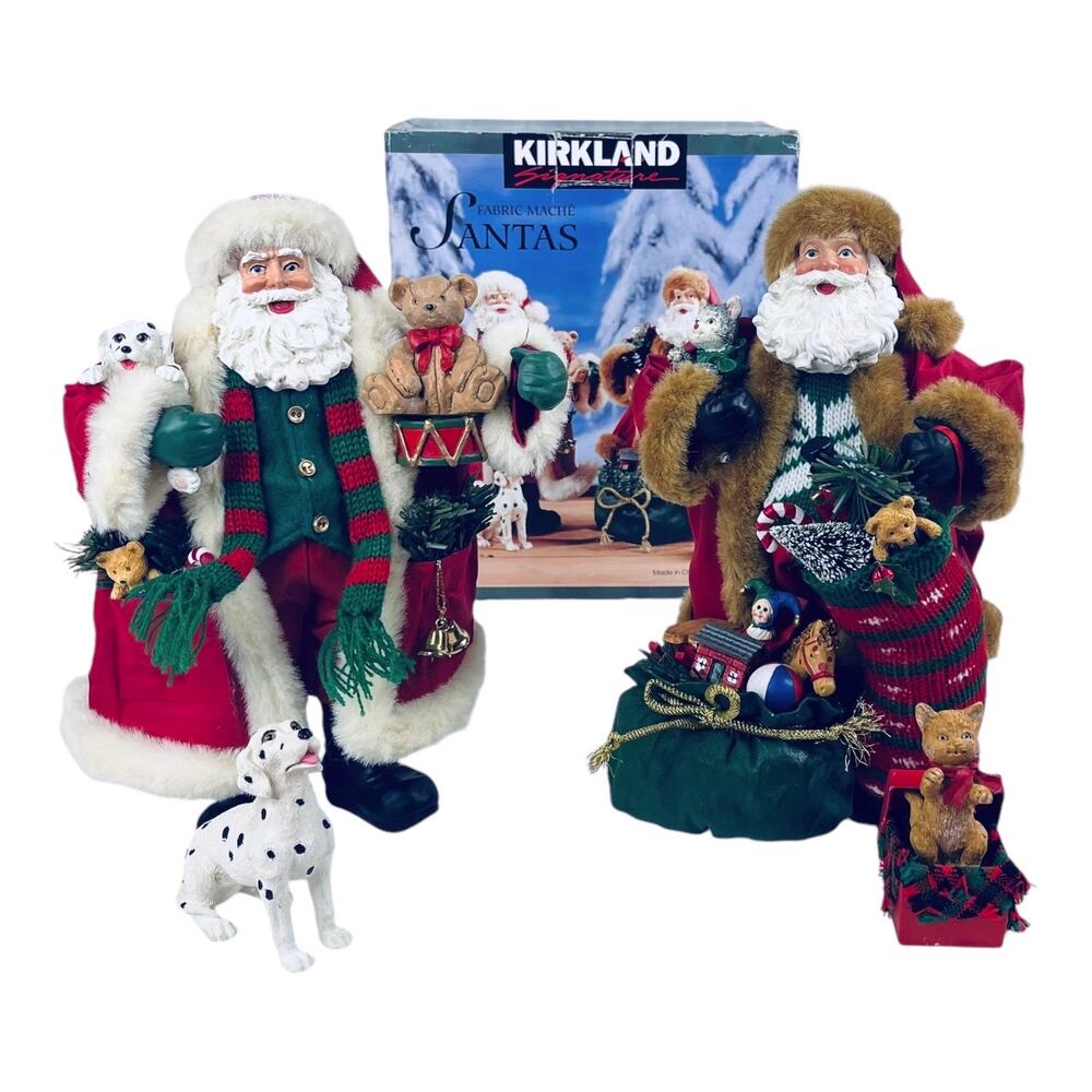Fabric Mache Santa Figurines Set 2, 4Pc Dalmatian Dog Cat Holiday Decor 11" Box